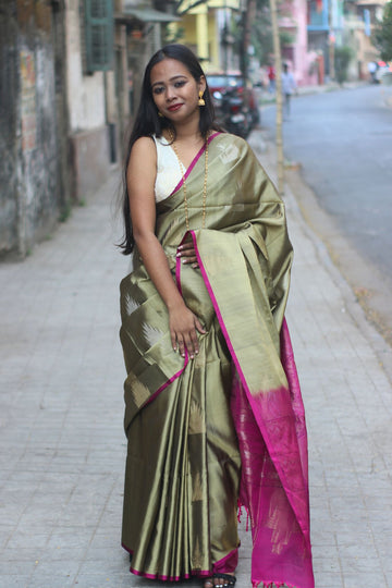 Green Pure Silk Saree with Purple Pallu